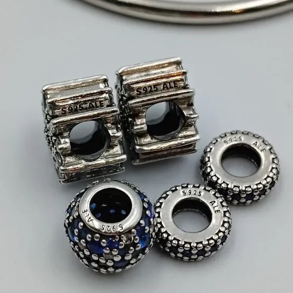 Pandora Sterling 925 Pattern Of Love Bangel Bracelet 5 Charms Clear & Blue CZ
